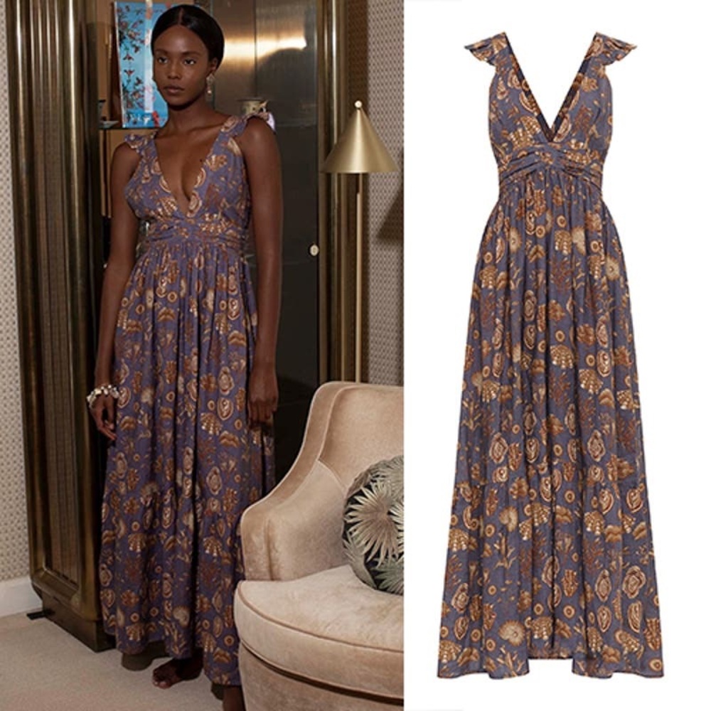 CAROLINA K Penelope Flutter Sleeve Maxi Dress Grey Linen Sea Beach Print - Picture 1 of 10